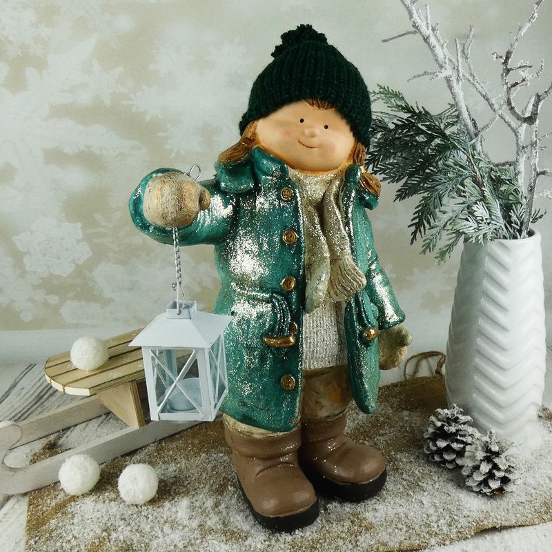 Vánoční figurka dítěte- velká holka v zeleném kabátku s lucernou, 48 cm