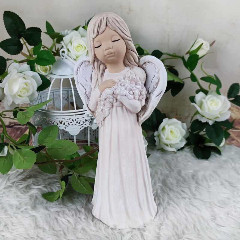 Béžový sádrový anděl Malgosia s květinami- 26 cm