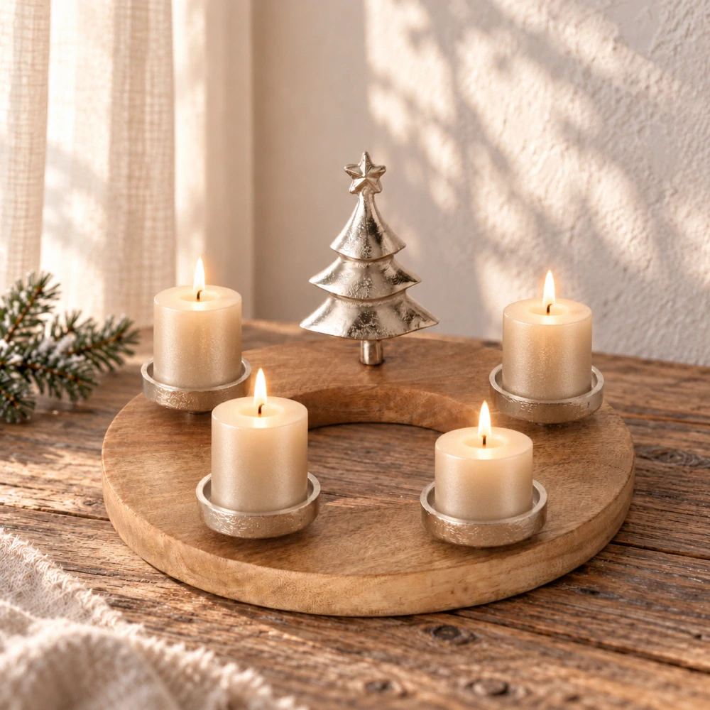 Adventní věnec z mangového dřeva s kovovým stromečkem- stříbrný- průměr 30 cm