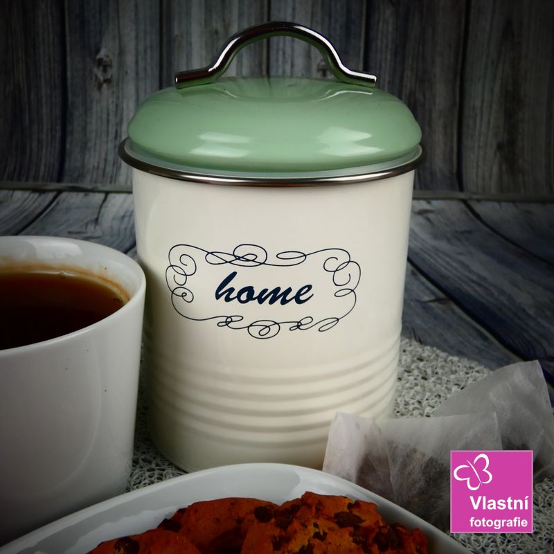 Plechová dóza bílá Home, zelené- mint víčko 17 cm