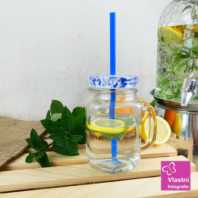 Sklenice s víčkem a brčkem- modrá, 450 ml
