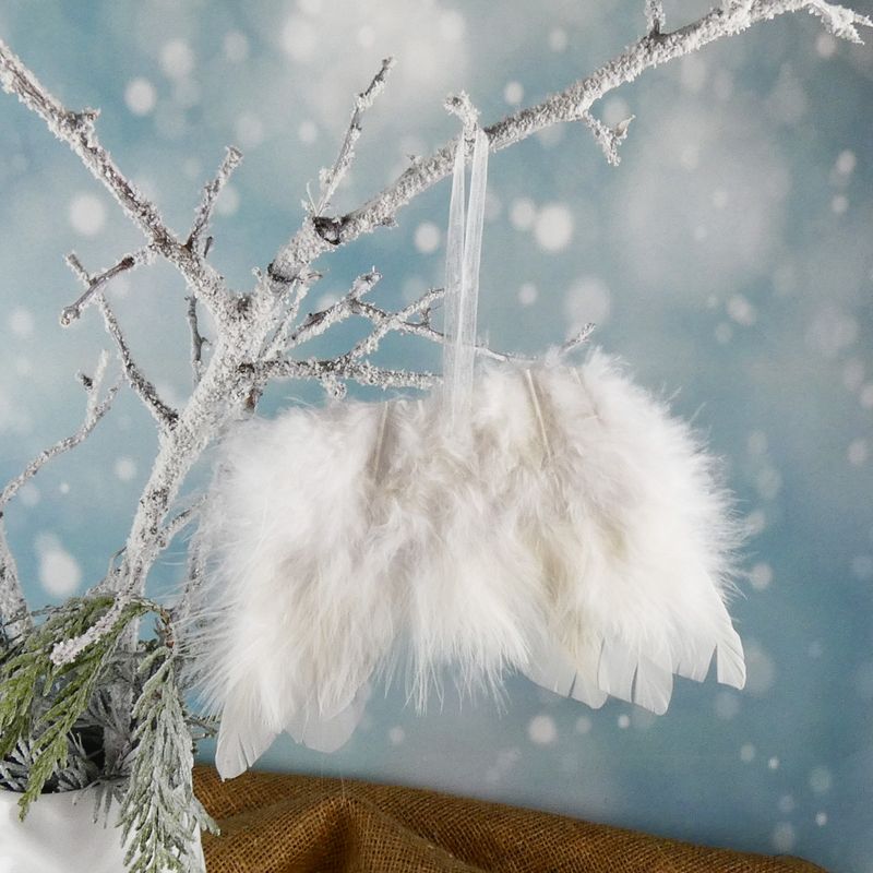 Dekorační andělská křídla z peříček na zavěšení- bílá, 13 cm, sada 5 ks