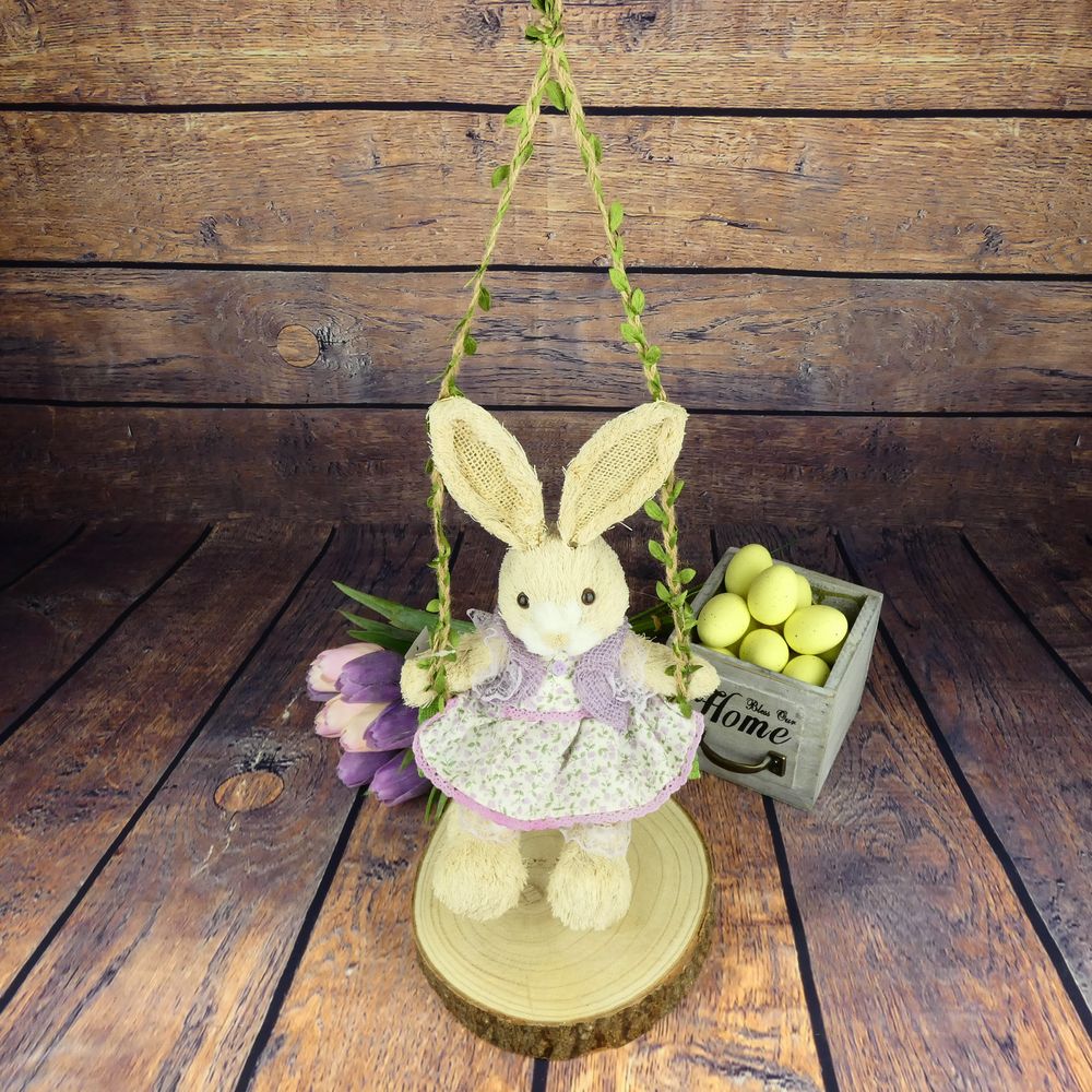 Jarní dekorace- textilní zajíček na houpačce, 30 cm