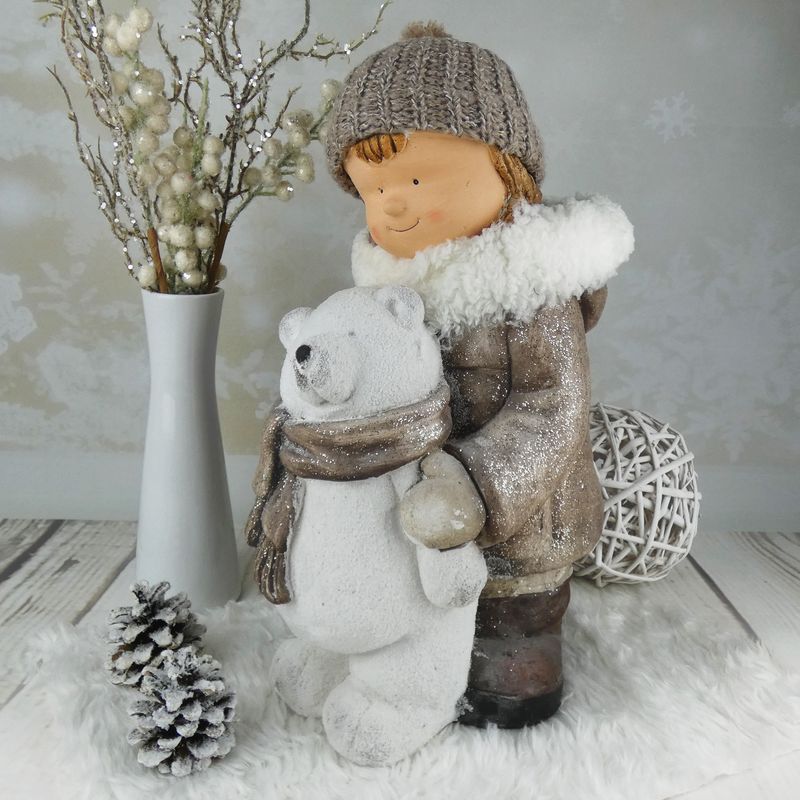 Vánoční figurka dítěte- velká holka v hnědém třpytivém kabátku s medvědem, 42 cm II. JAKOST