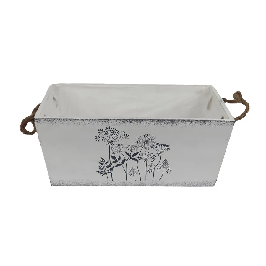 Bílý dřevěný obal- truhlík na květiny s motivem květin- 28x18 cm