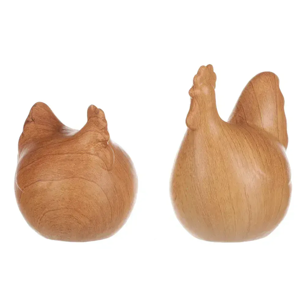 Dekorační keramická slepička a kohoutek v dekoru dřeva, 9-12 cm