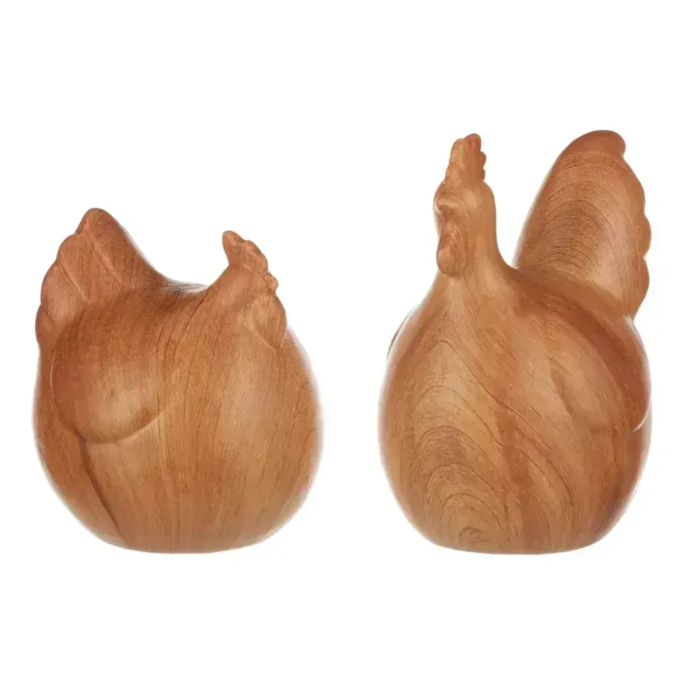 Dekorační keramická slepička a kohoutek v dekoru dřeva, 13-17 cm