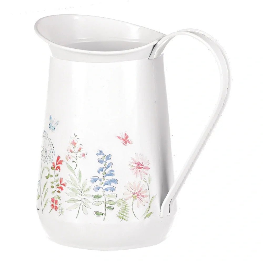 Plechový dekorační džbánek v bílé barvě s květinami- 17 cm