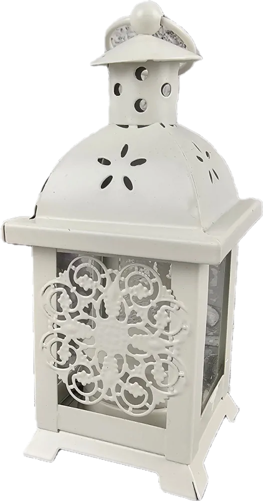 Malá plechová lucerna v bílé barvě- krajka, 14 cm