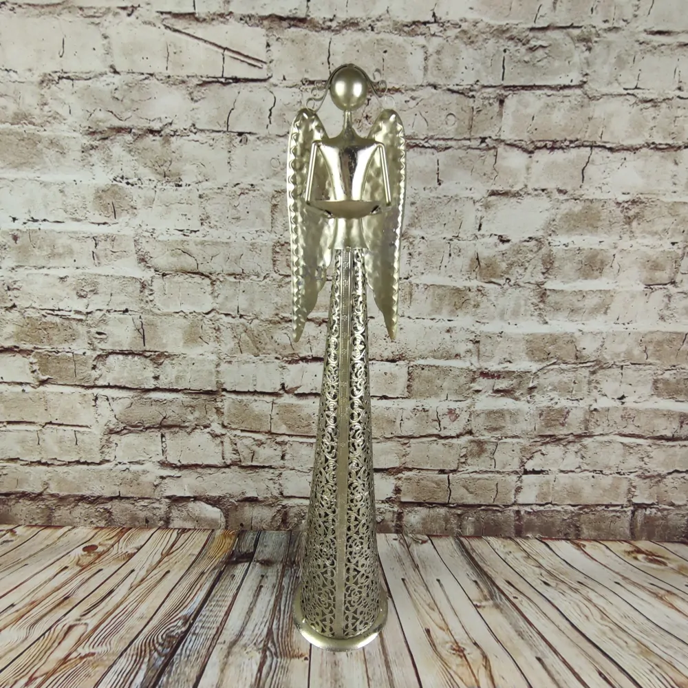 Kovový anděl s miskou- champagne s patinou, 55 cm II. JAKOST