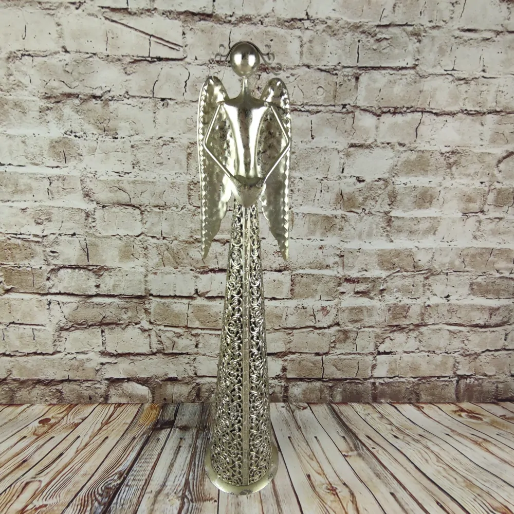 Kovový anděl se srdcem dole- champagne s patinou, 55 cm II. JAKOST