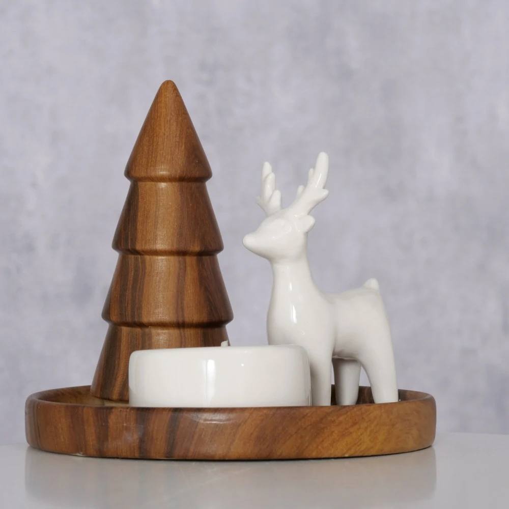 Keramický svícen na čajovou svíčku se stromkem a sobem- 12 cm