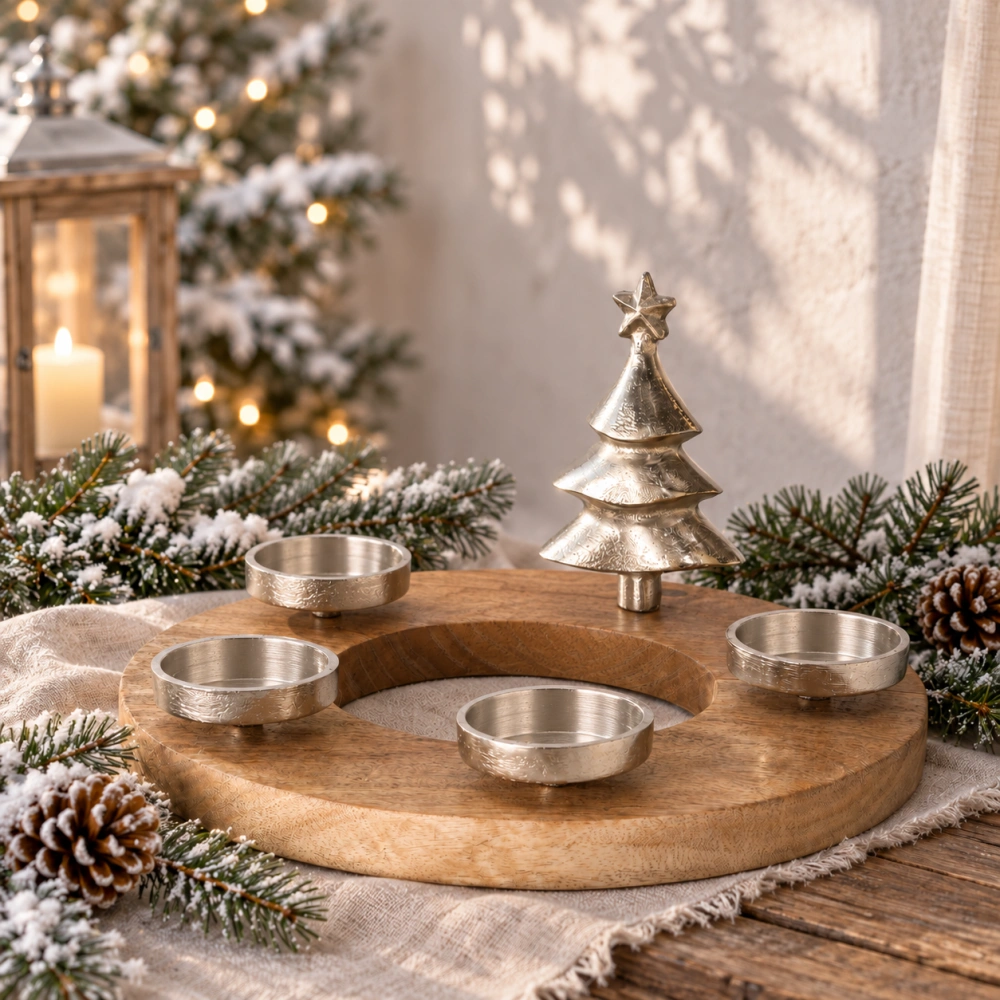 Adventní věnec z mangového dřeva s kovovým stromečkem- stříbrný- průměr 30 cm
