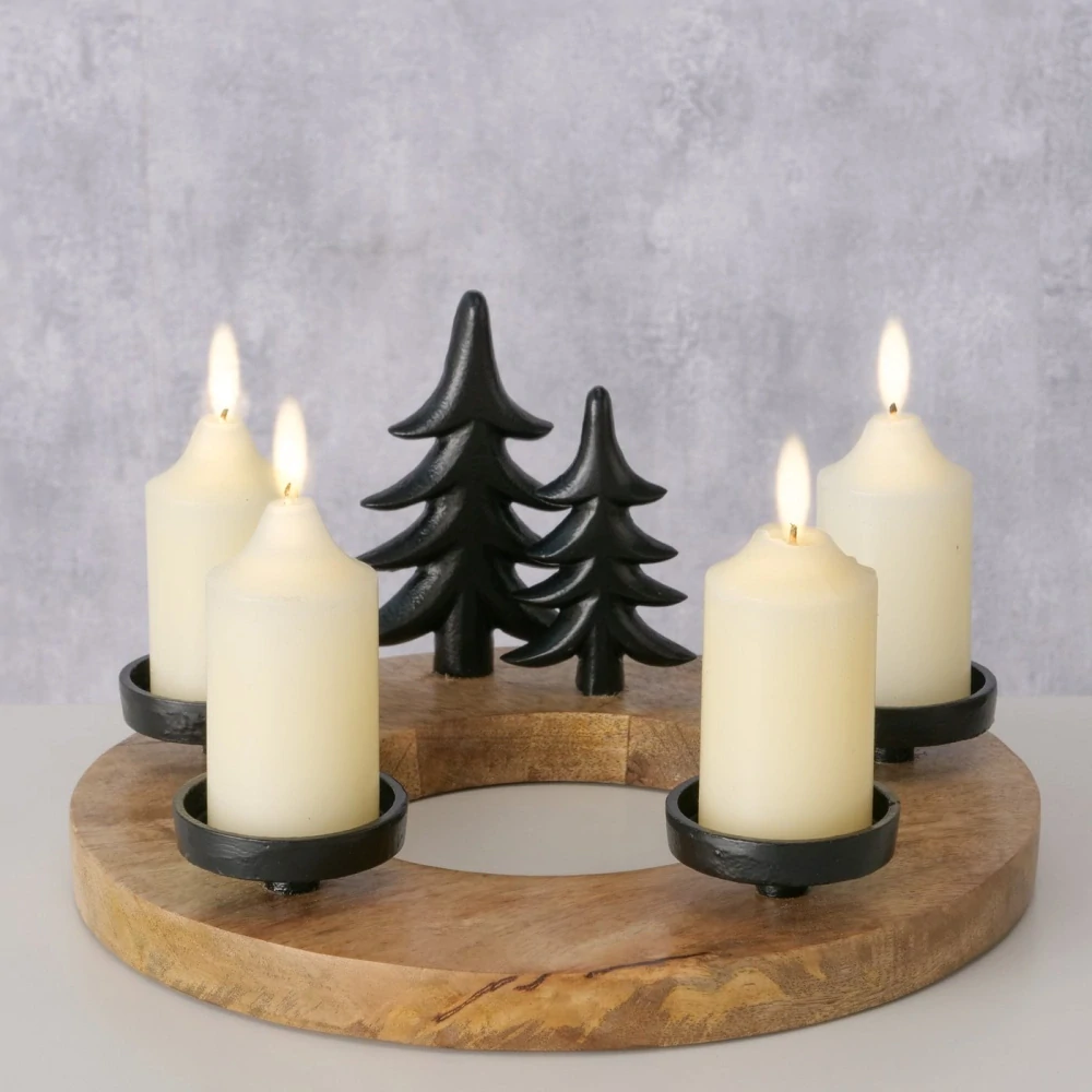 Adventní věnec z mangového dřeva s kovovými stromečky- černý- průměr 30 cm