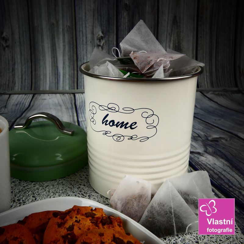 Plechová dóza bílá Home, zelené- mint víčko 17 cm