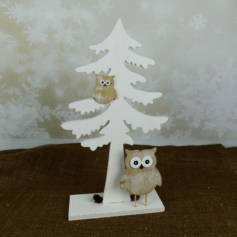 Vánoční dekorace- dřevěný stromek se sovičkami 37 cm