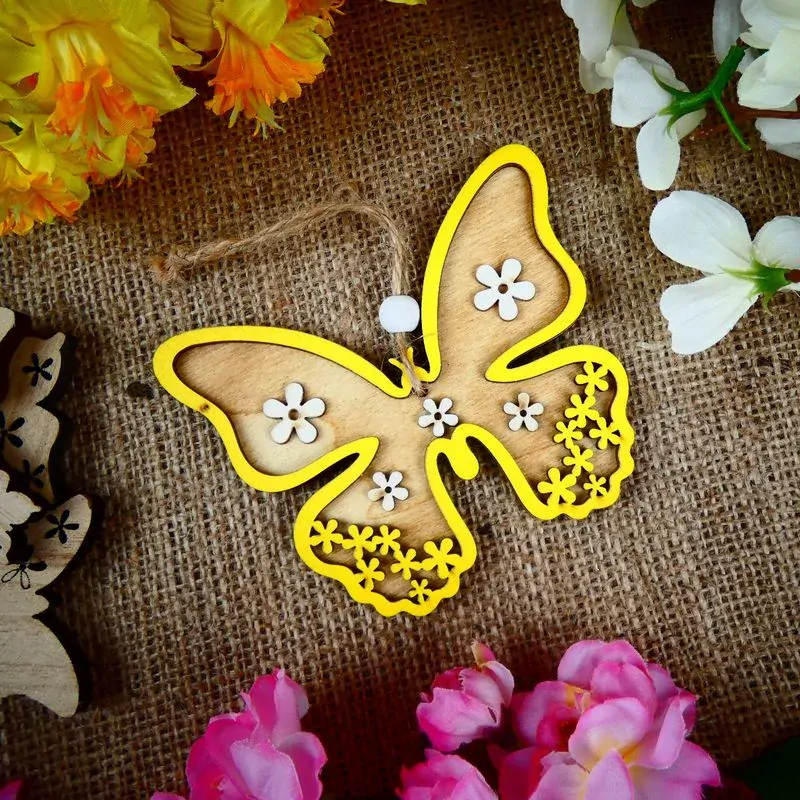 Závěsný dřevěný motýl- žlutý, sada 2 ks