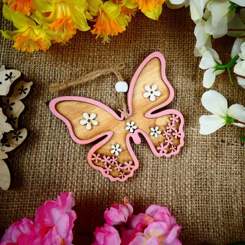 Závěsný dřevěný motýl- růžový, sada 2 ks