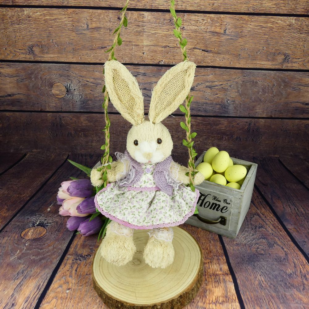 Jarní dekorace- textilní zajíček na houpačce, 30 cm