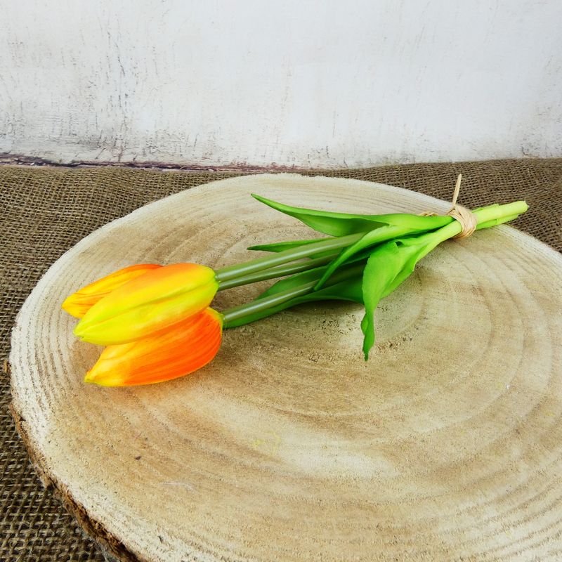 Umělé mini tulipány gumové- oranžovo- žluté, svazek 3 ks, 24 cm