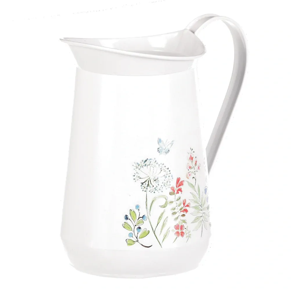 Plechový dekorační džbánek v bílé barvě s květinami- 17 cm