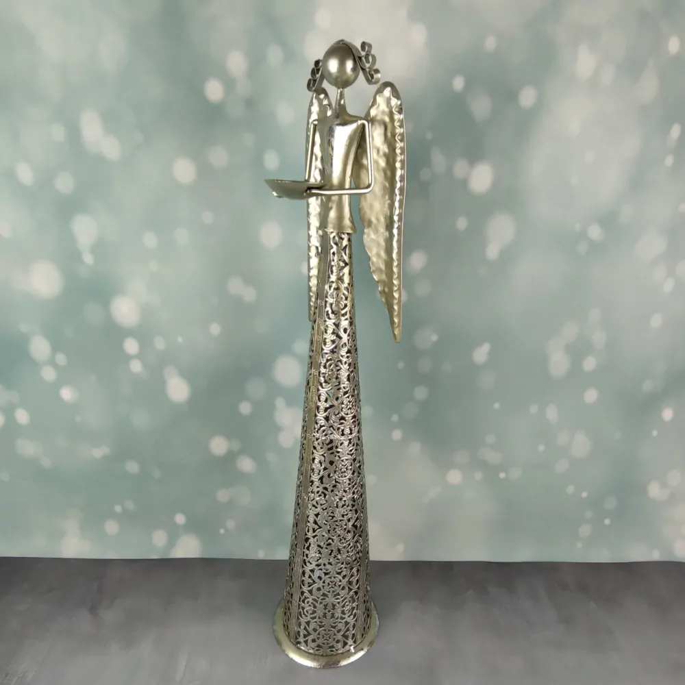 Kovový anděl s miskou- champagne s patinou, 55 cm II. JAKOST