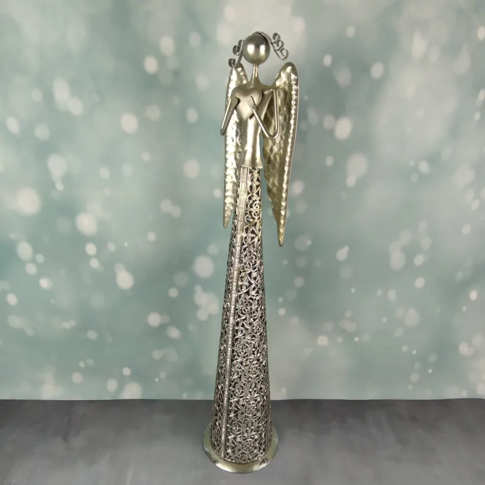 Kovový anděl se srdcem nahoře- champagne s patinou, 55 cm