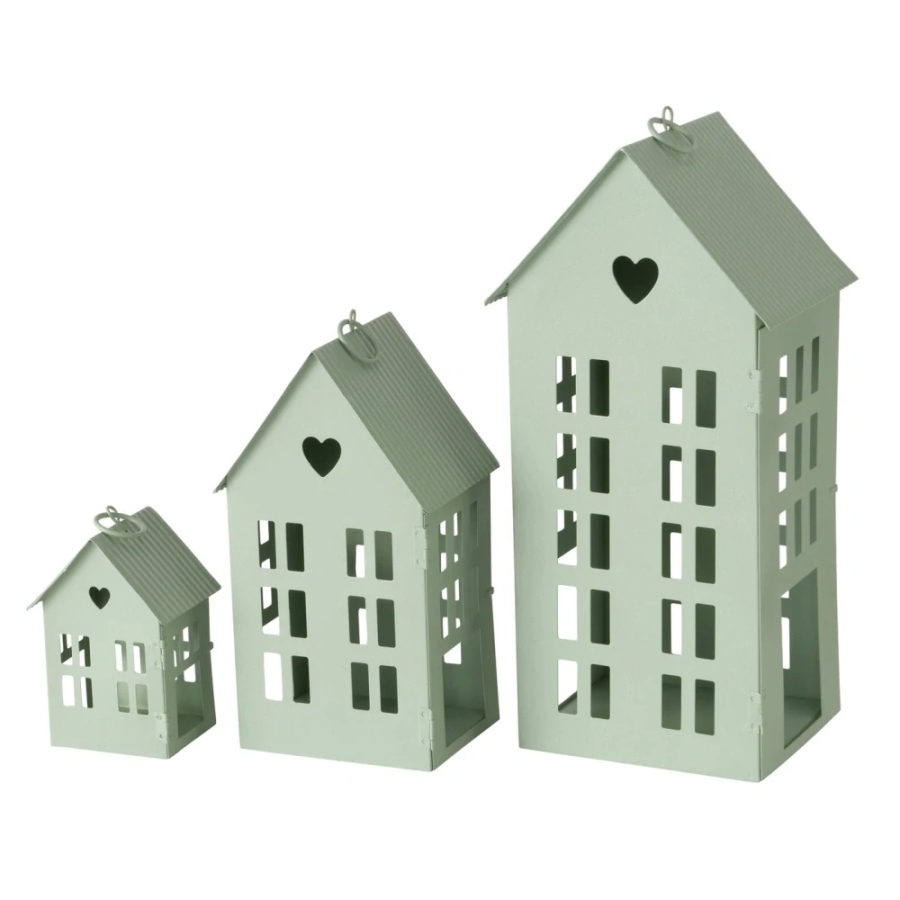Kovová lucerna Alamo- domeček zelený mint- sada 3 ks 13- 35 cm
