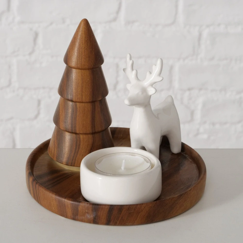 Keramický svícen na čajovou svíčku se stromkem a sobem- 12 cm