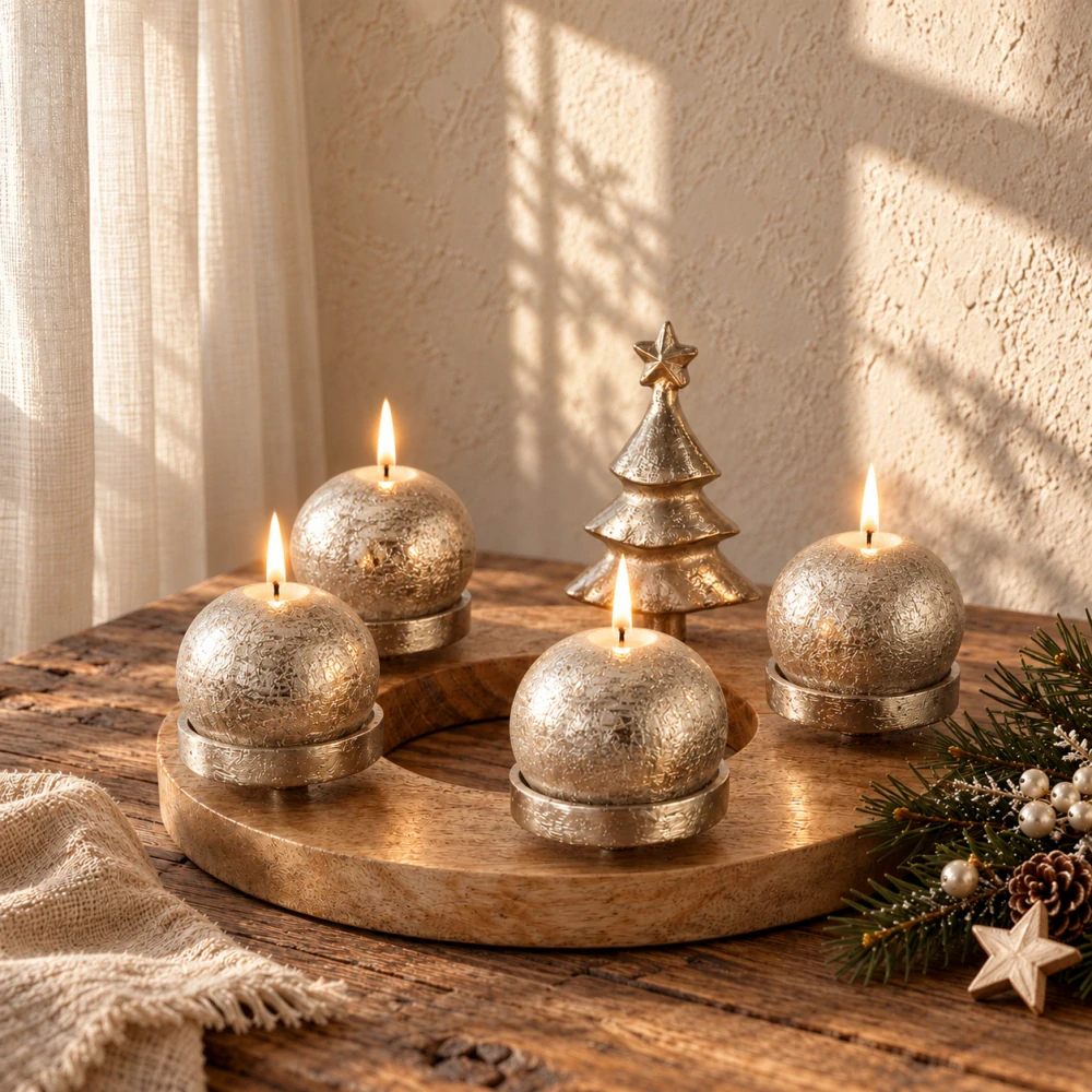 Adventní věnec z mangového dřeva s kovovým stromečkem- stříbrný- průměr 30 cm