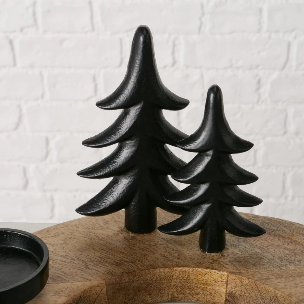 Adventní věnec z mangového dřeva s kovovými stromečky- černý- průměr 30 cm