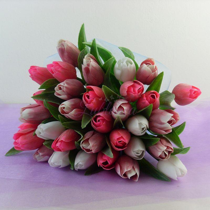 Francouzský umělý tulipán č. 06 – růžovo-bílý, 40 cm