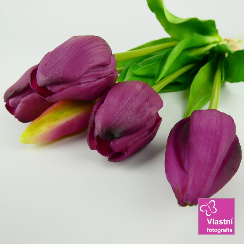 Umělé tulipány latexové tmavě fialové, svazek 5 ks