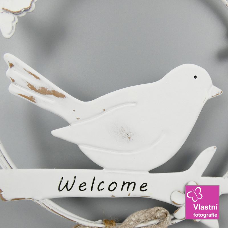 Závěsná kovová dekorace s ptáčkem- welcome