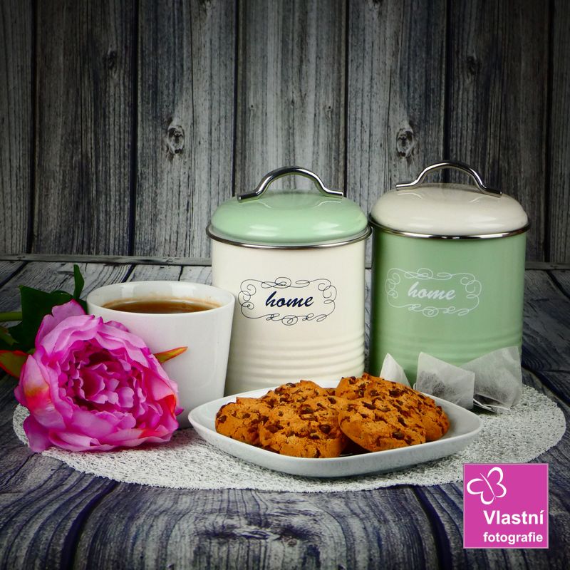 Plechová dóza bílá Home, zelené- mint víčko 17 cm
