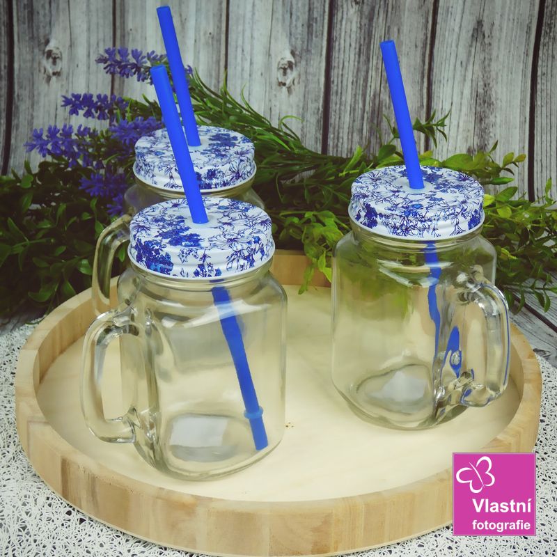 Sklenice s víčkem a brčkem- modrá, 450 ml