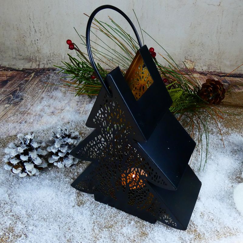 Moderní kovový závěsný svícen, stromek- černý se zlatým vnitřkem, 21 cm