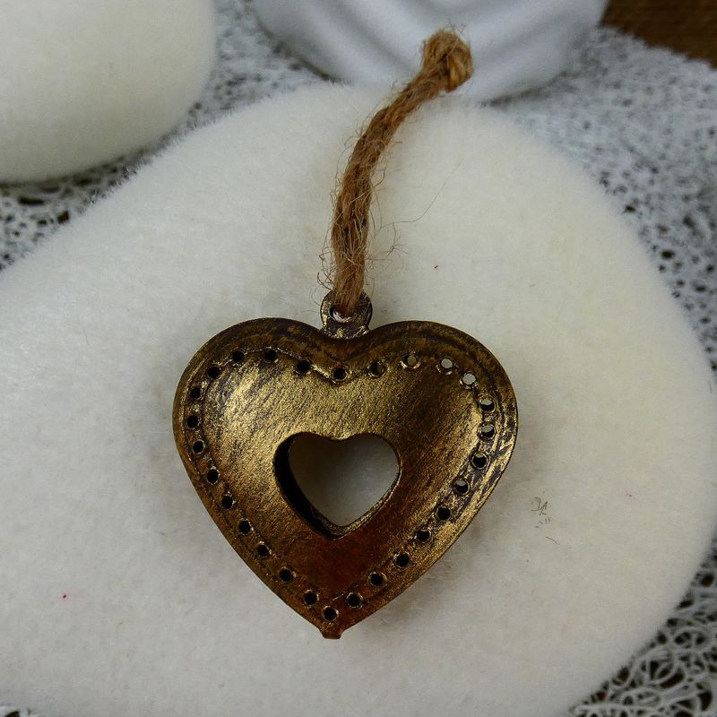 Vánoční kovové ozdoby na zavěšení- zlaté, srdce, 6 ks