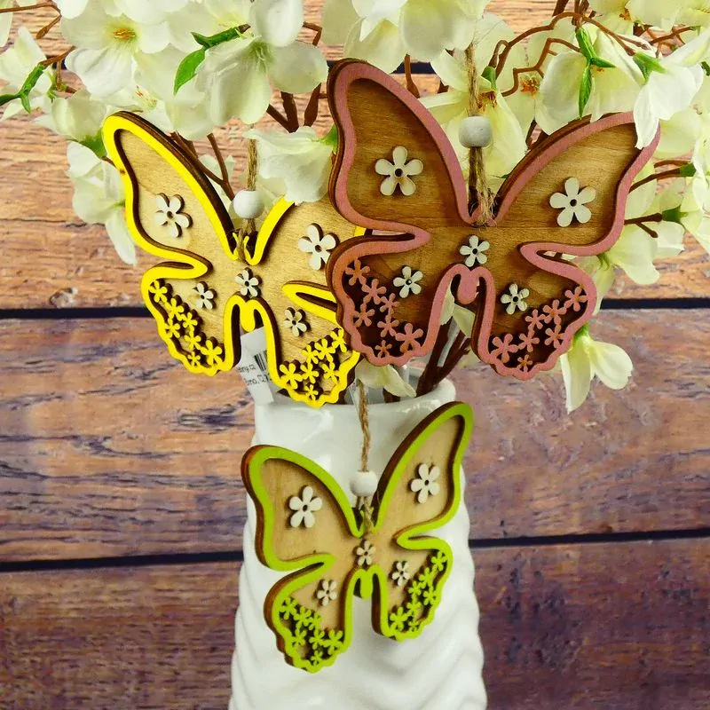 Závěsný dřevěný motýl- růžový, sada 2 ks