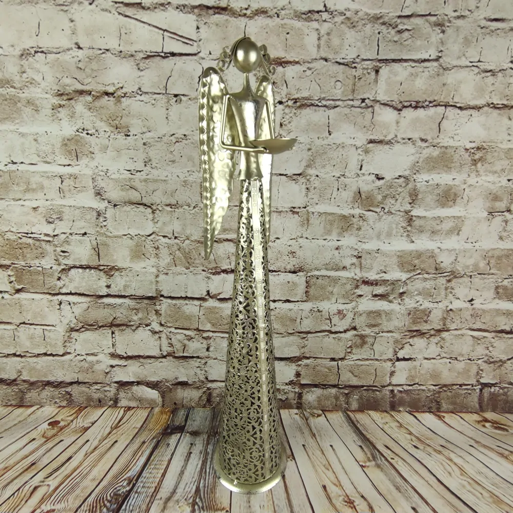 Kovový anděl s miskou- champagne s patinou, 55 cm II. JAKOST