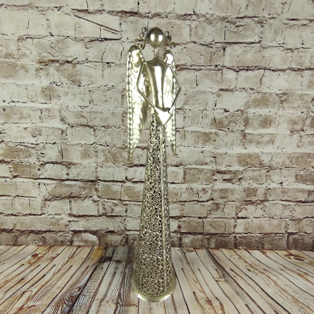 Kovový anděl se srdcem dole- champagne s patinou, 55 cm II. JAKOST