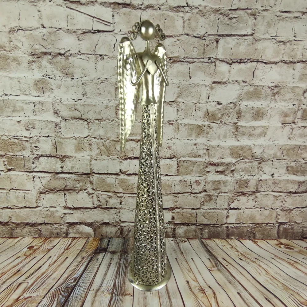 Kovový anděl se srdcem nahoře- champagne s patinou, 55 cm