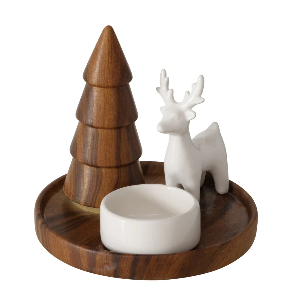 Keramický svícen na čajovou svíčku se stromkem a sobem- 12 cm