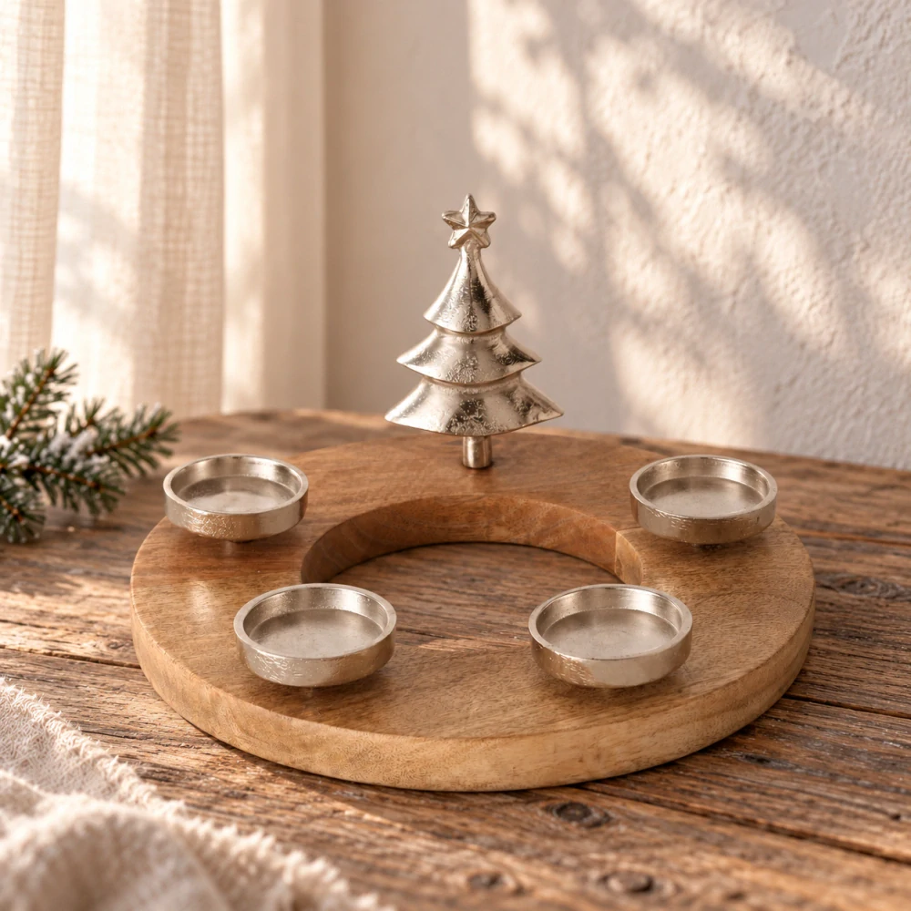 Adventní věnec z mangového dřeva s kovovým stromečkem- stříbrný- průměr 30 cm