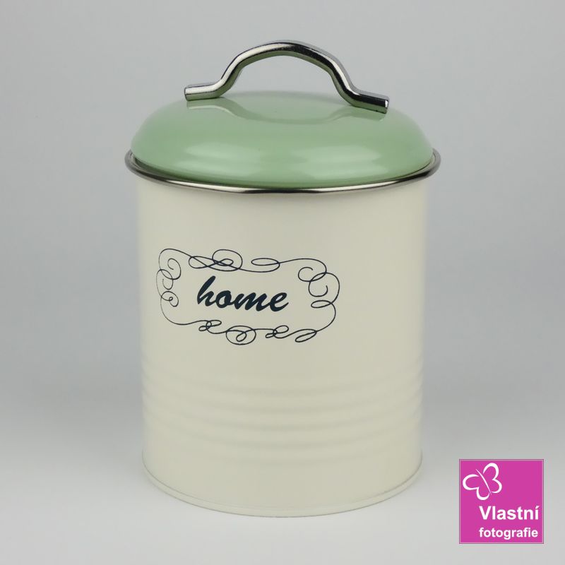 Plechová dóza bílá Home, zelené- mint víčko 17 cm