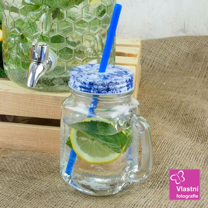 Sklenice s víčkem a brčkem- modrá, 450 ml