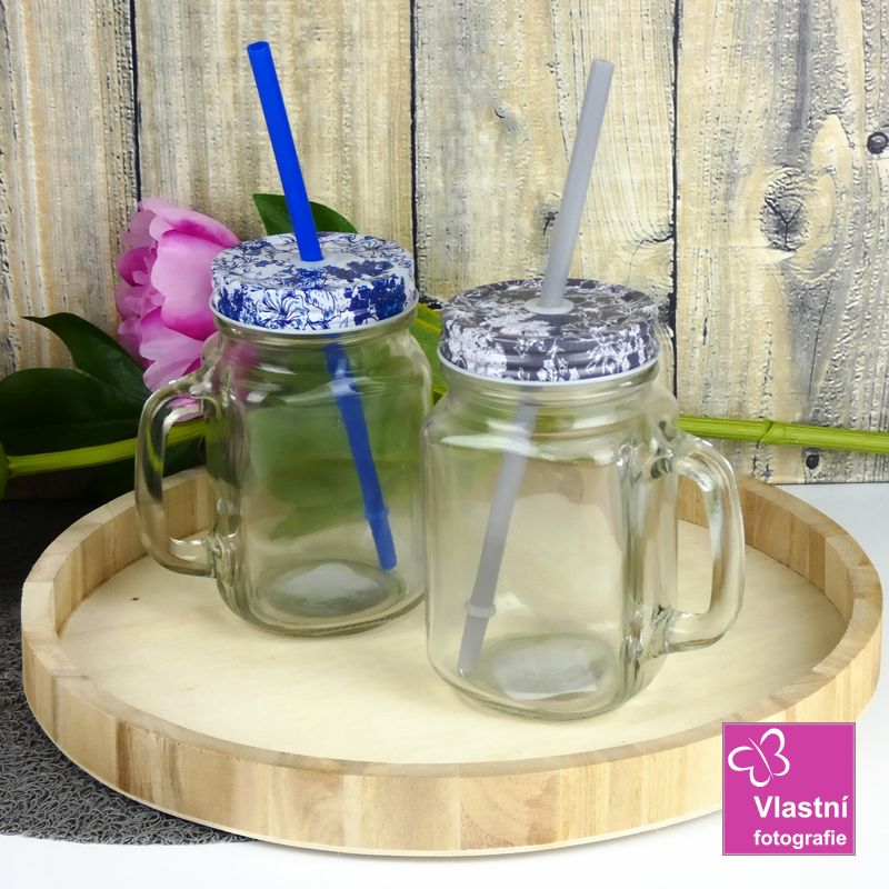 Sklenice s víčkem a brčkem- šedá, 450 ml