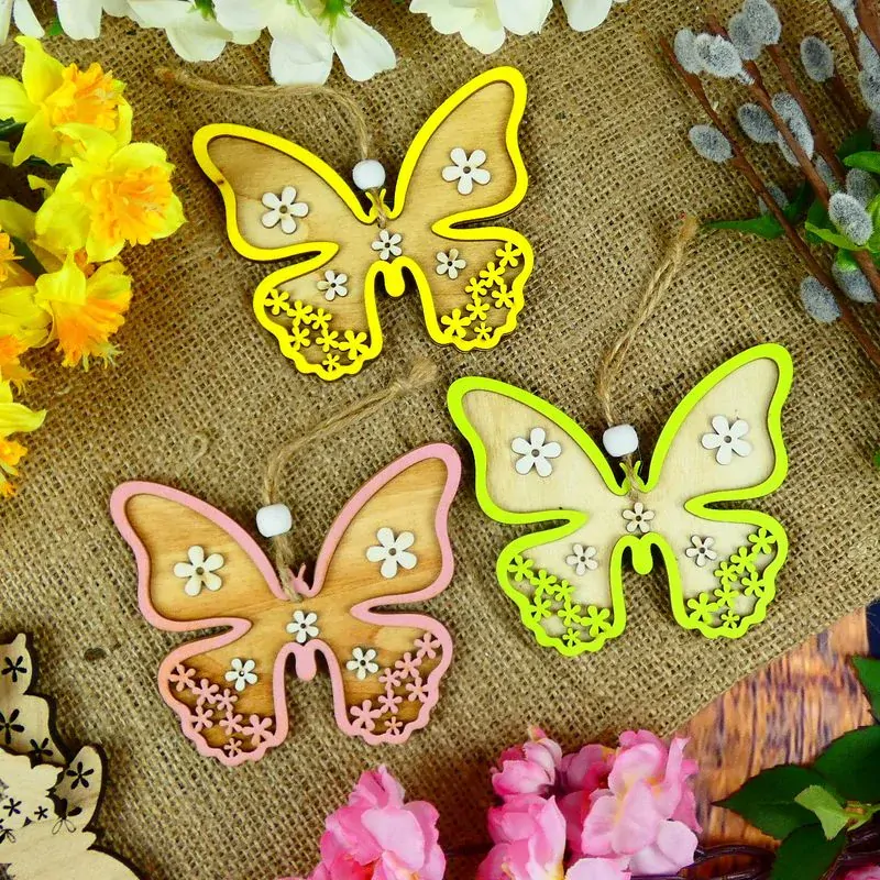 Závěsný dřevěný motýl- žlutý, sada 2 ks