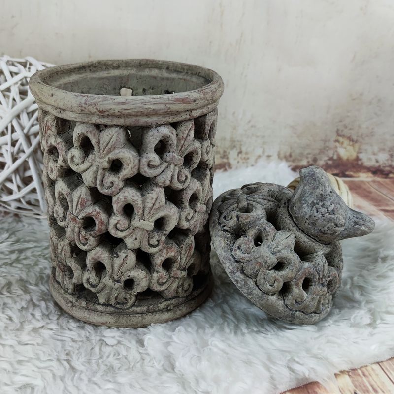 Betonová lucerna s ptáčkem, šedá- 24 cm