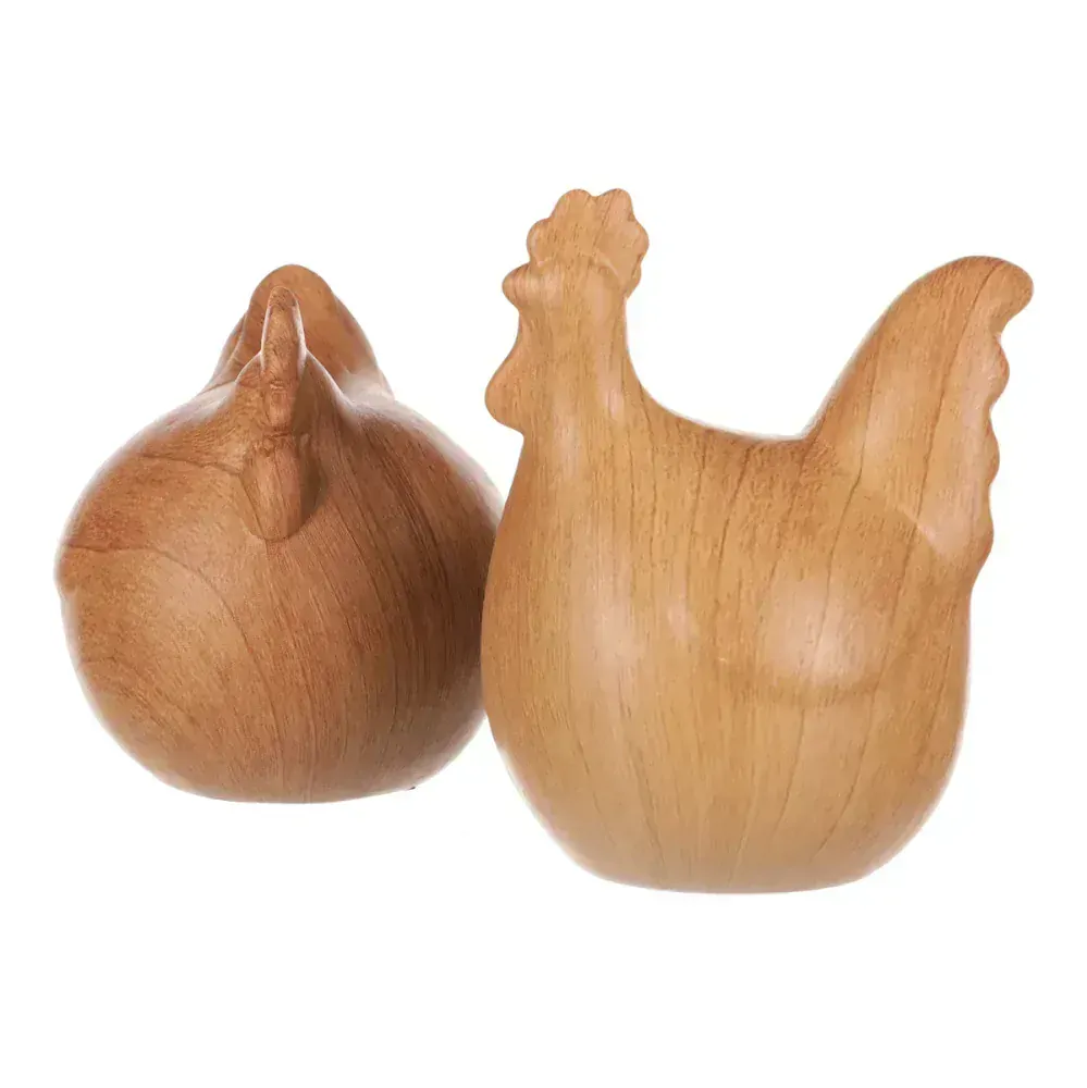 Dekorační keramická slepička a kohoutek v dekoru dřeva, 9-12 cm